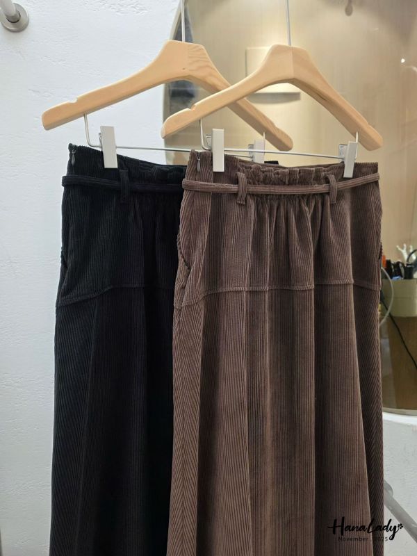 WJA90 附綁帶燈芯絨A字長裙 