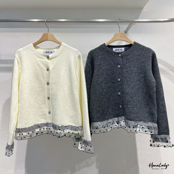 WJB48 格紋點點紗拼接針織上衣 