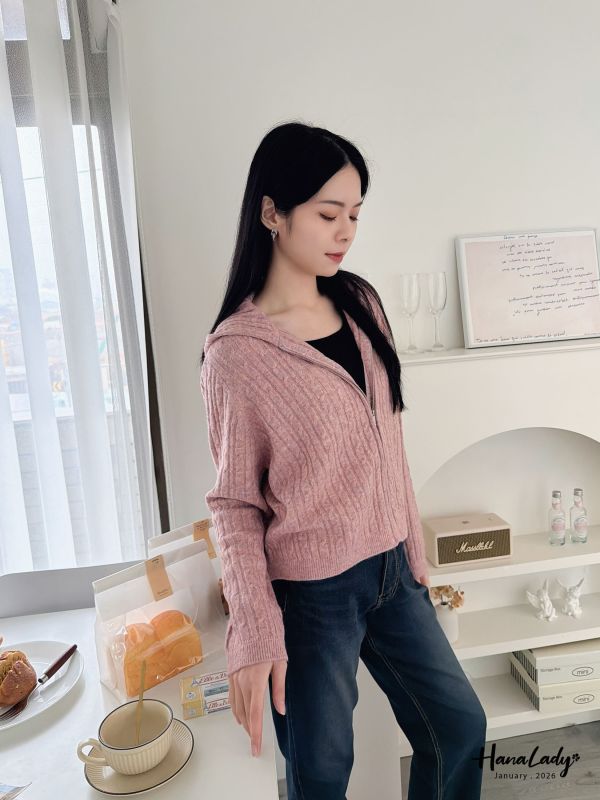 LEA64 超嫩Q麻花連帽針織拉鍊外 