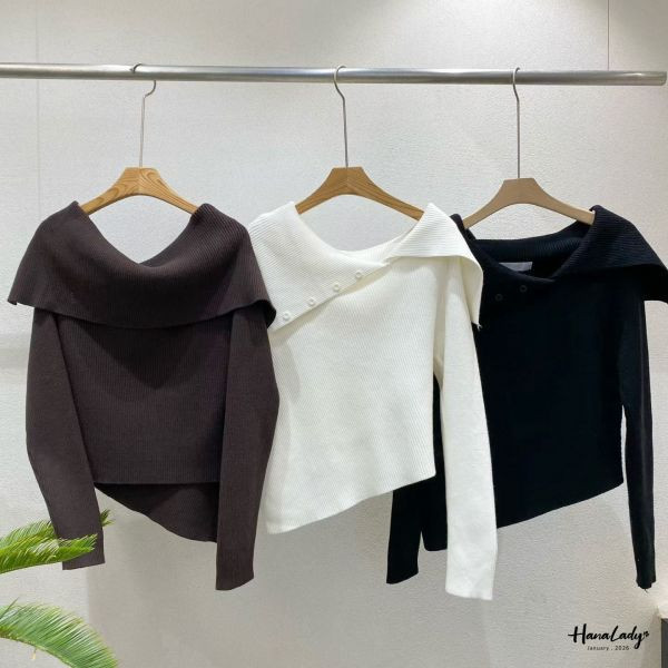 LEA35 大翻領設計坑條針織上衣 