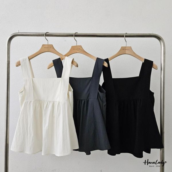 LSA15 方領釦帶肩設計裙襬上衣 