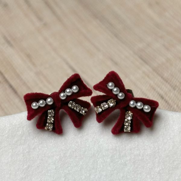 WQB44 毛呢珍珠細鑽蝴蝶結耳環 