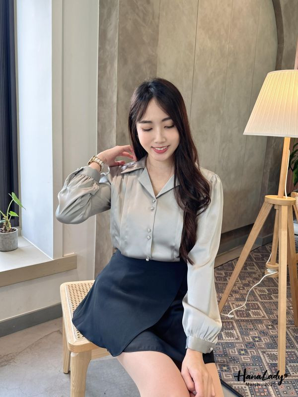 WSA71 雙釦翻領緞面雪紡衫 