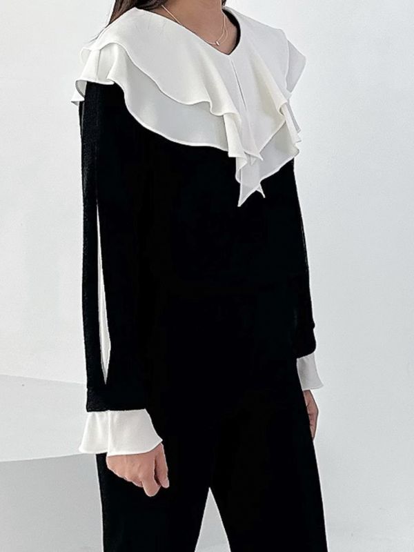 WQA53 波浪三角層刺領針織上衣 