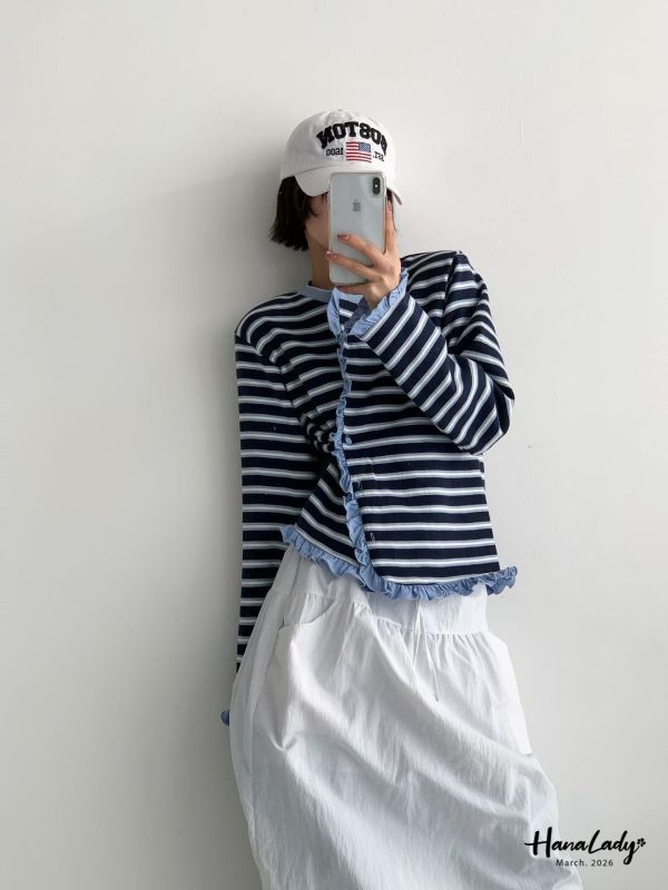 LSA09 質感花瓣邊條紋排釦上衣 