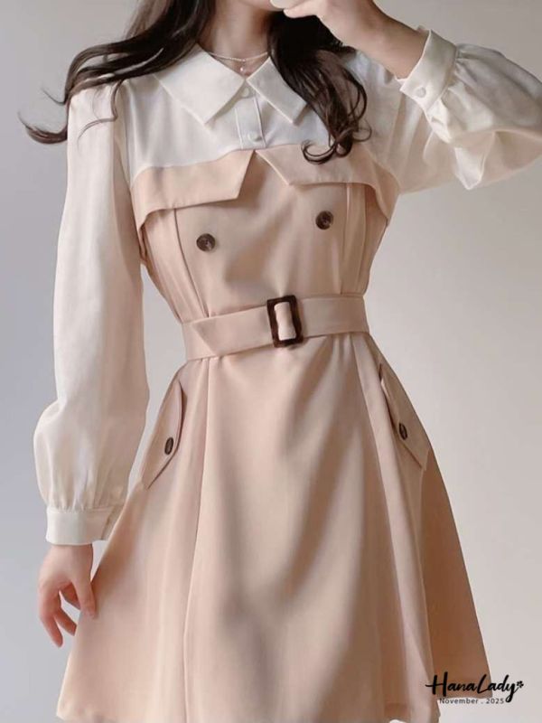 WJA46 知性拼色收腰雪紡短洋 