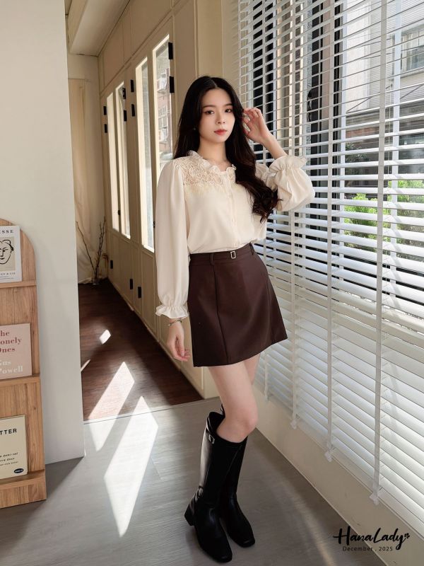 WQA90 優雅荷葉蕾絲領雪紡衫 