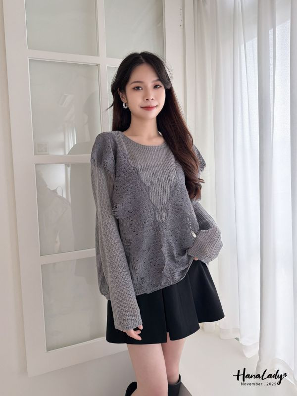WJA27 微透蕾絲領針織上衣 