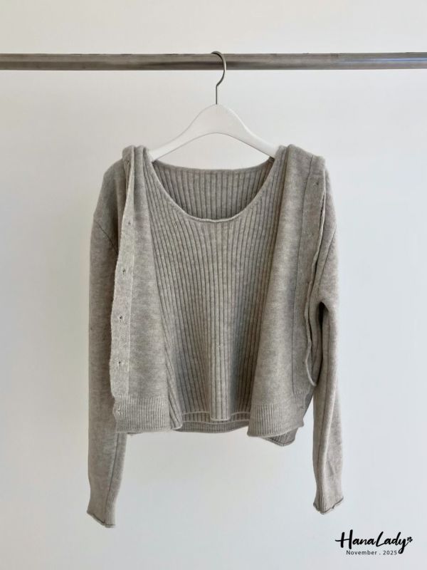 WJA05 兩件式抽繩木紋釦針織衫 