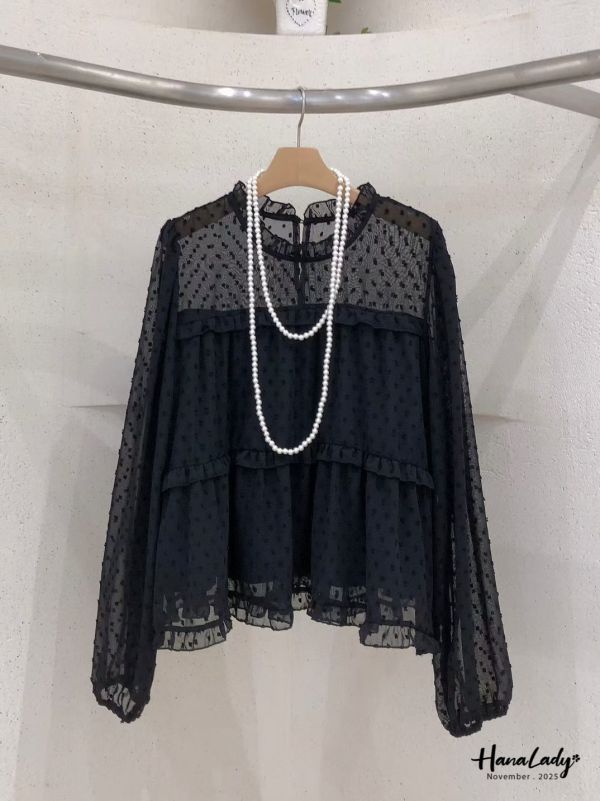 WJA39 日系透袖領層次波點上衣 