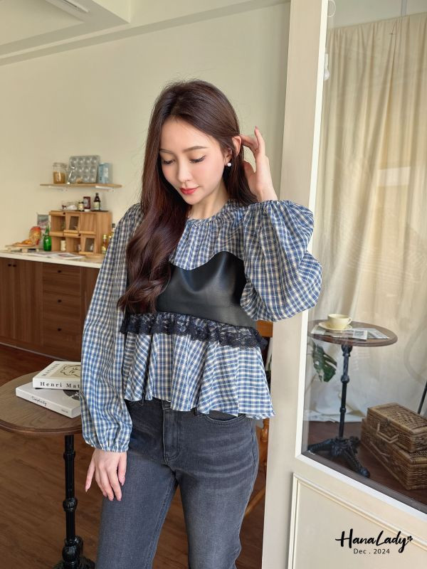 FQA75 冬日格紋皮革拼接蕾絲上衣 