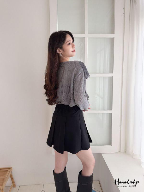 WJA13 質感絨布寬腰百摺褲裙 