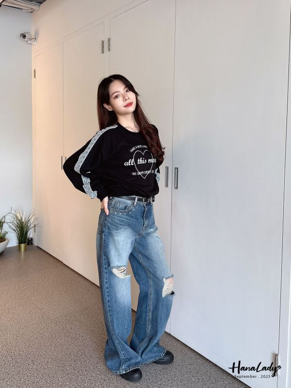 WKA70 超高回頭率刷破鉚釘寬褲 