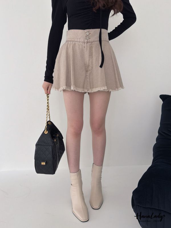 WJA84 寬腰雙釦鬚邊褲裙 