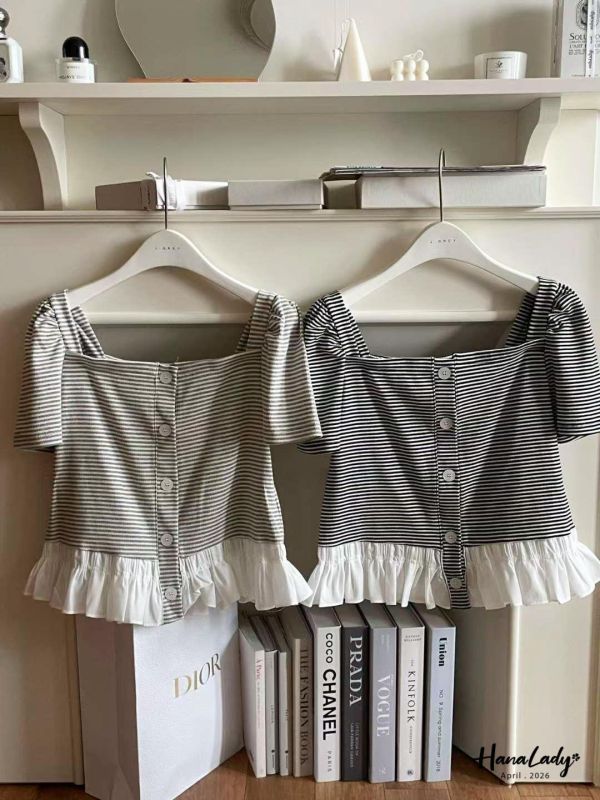 LFA31 條紋裙擺設計方領上衣 