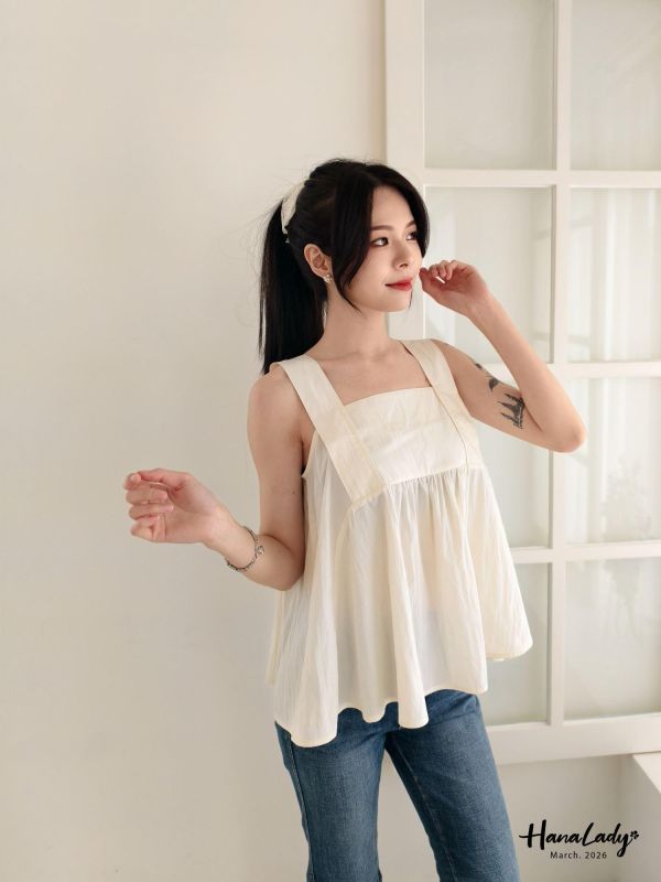 LSA15 方領釦帶肩設計裙襬上衣 