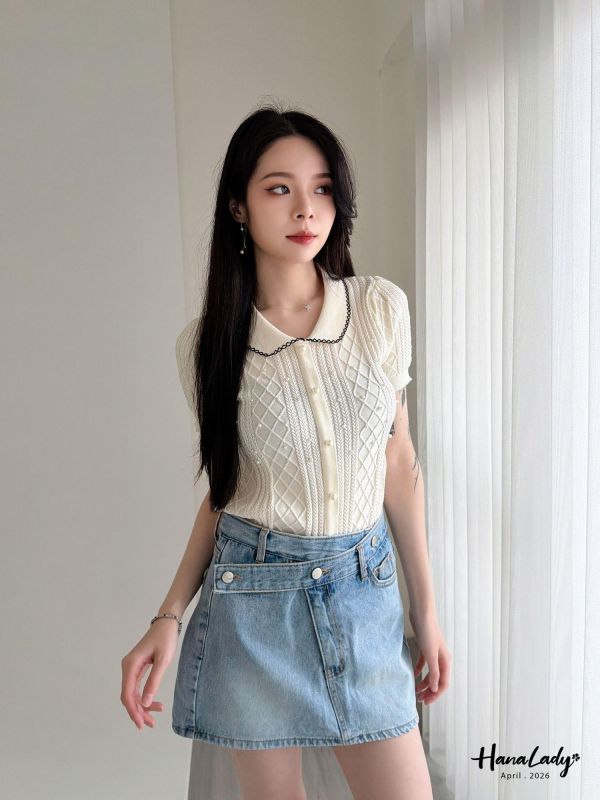 LFA07 菱格紋釘珠千金風針織上衣 