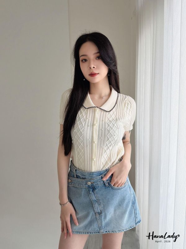 LFA07 菱格紋釘珠千金風針織上衣 