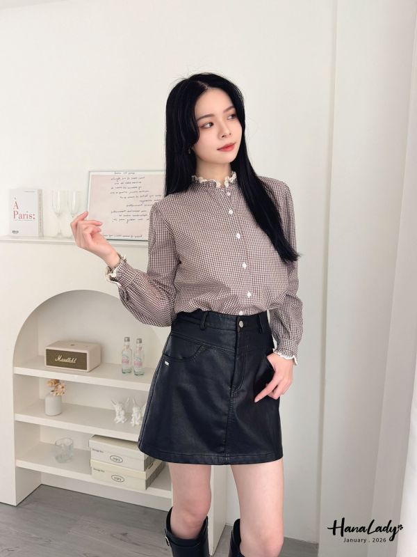 LEA67 拼接蕾絲領格紋襯衫 