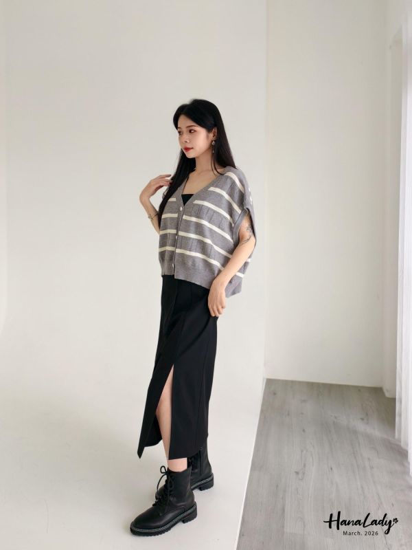 LSA13 美釦柔軟針織條紋背心 