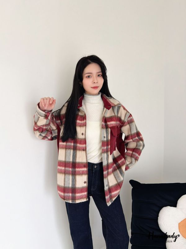 LEA75 棉絨拼接燈心絨格紋衫 