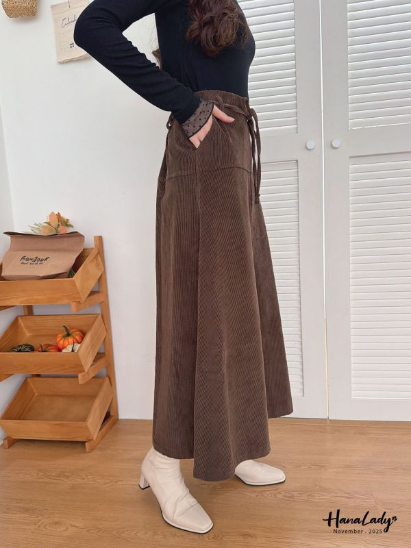 WJA90 附綁帶燈芯絨A字長裙 