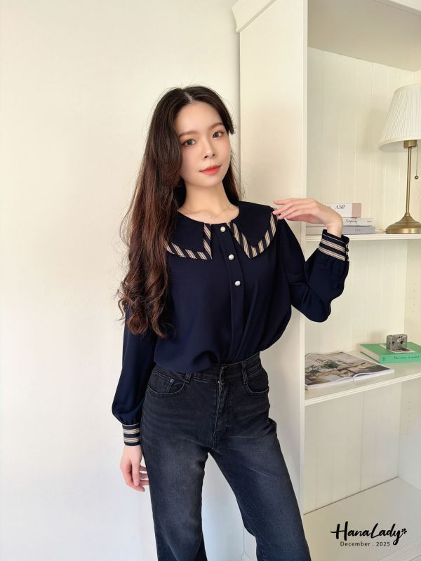 WQA47 線條層次領珍珠雪紡衫 