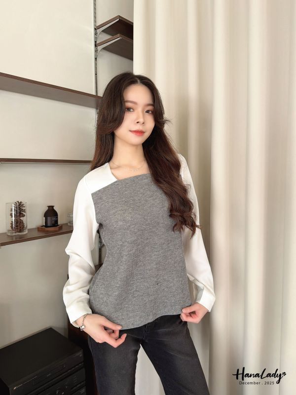 WQA96 俐落小方領針織拼接雪紡衫 