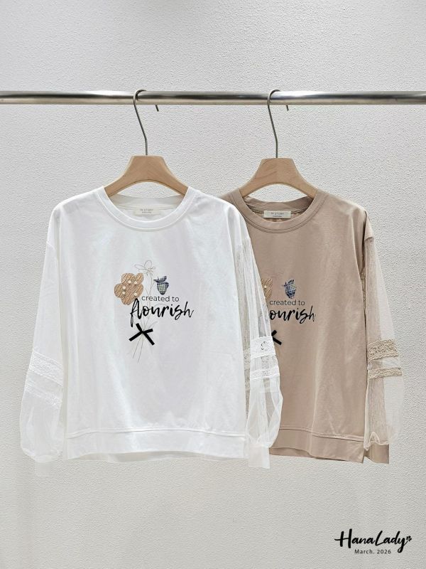 LSA08 知性小花拼接蕾絲袖上衣 