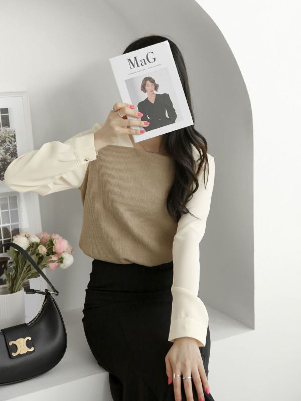 WQA96 俐落小方領針織拼接雪紡衫 