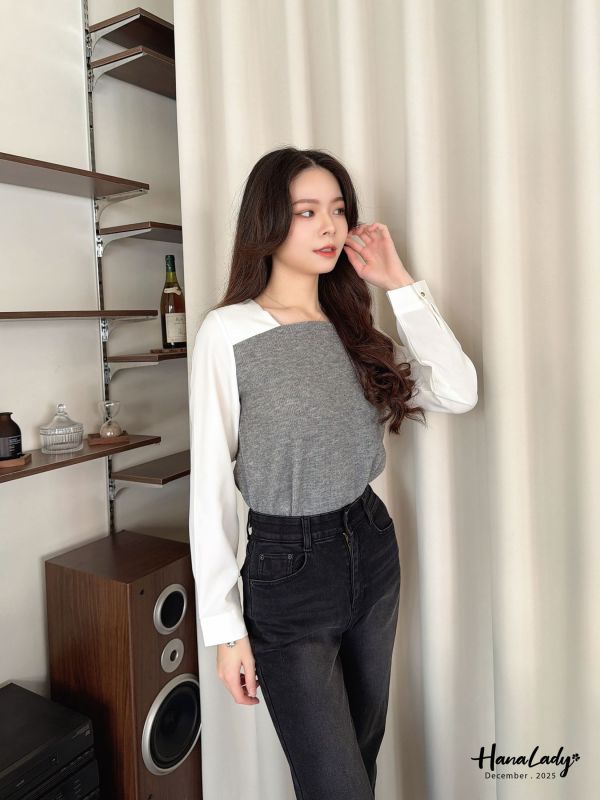 WQA96 俐落小方領針織拼接雪紡衫 