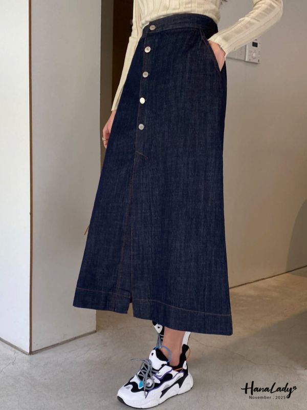 WJA75 前開衩排釦直筒丹寧裙 