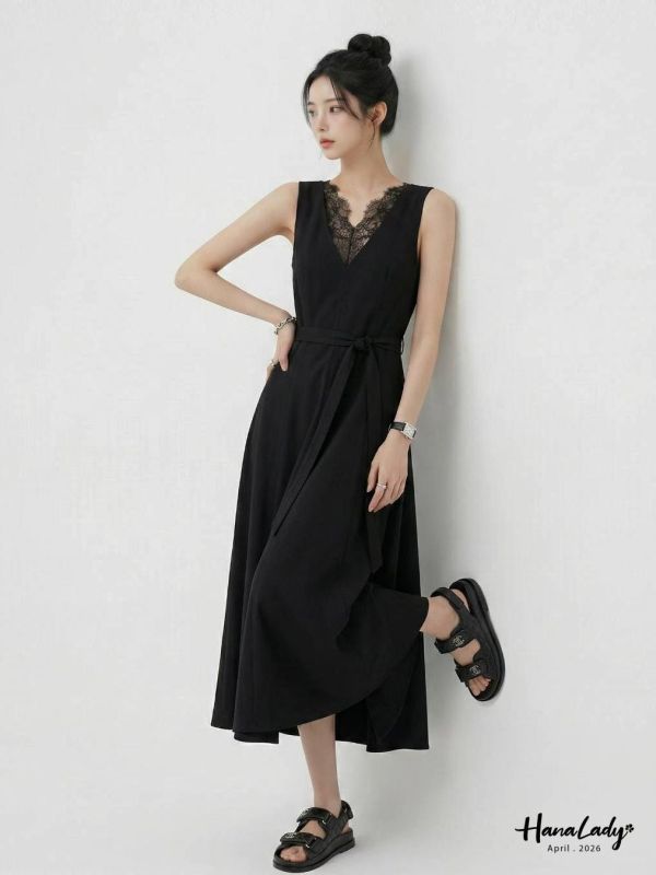 LFA26 高質感蕾絲V領背心長洋 