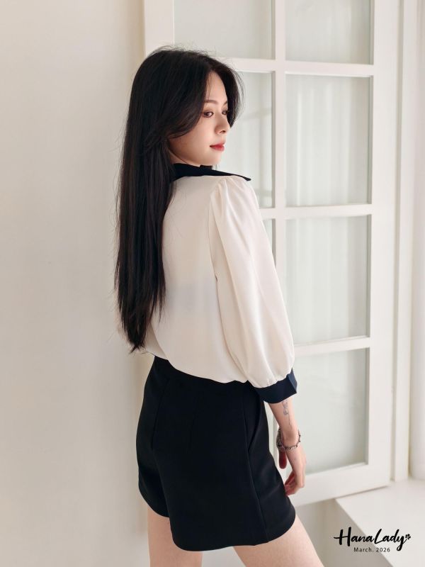 LSA22 層次V領配色雪紡衫 