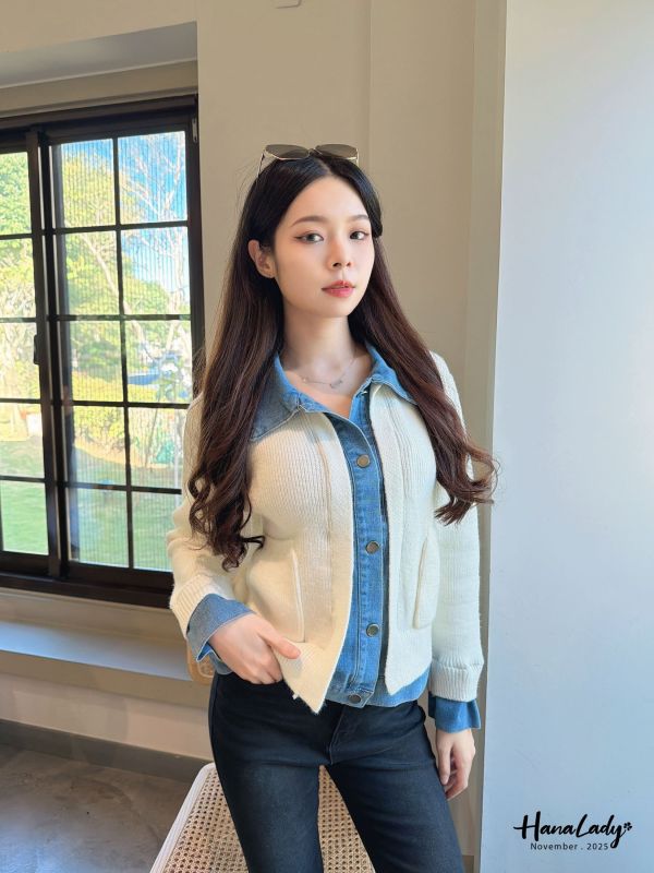 WJA01 丹寧拼接針織上衣 