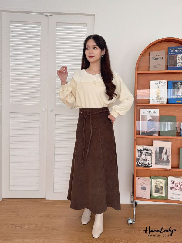 WJA90 附綁帶燈芯絨A字長裙 