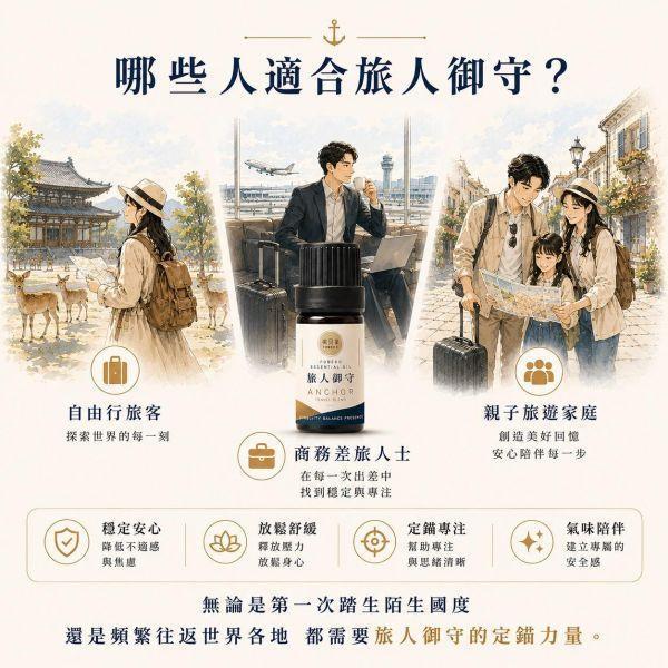 【旅人御守複方精油】5ml（贈送：鈦鋼精油項鍊｜適合長途交通、陌生環境與飯店住宿使用｜花梨木為核心，溫暖沉穩的木質辛香調 旅人御守複方精油,旅行精油,出國旅遊必備,日本自由行,商務差旅,長途飛行,旅行香氛,隨身精油,旅途定錨,弗貝多