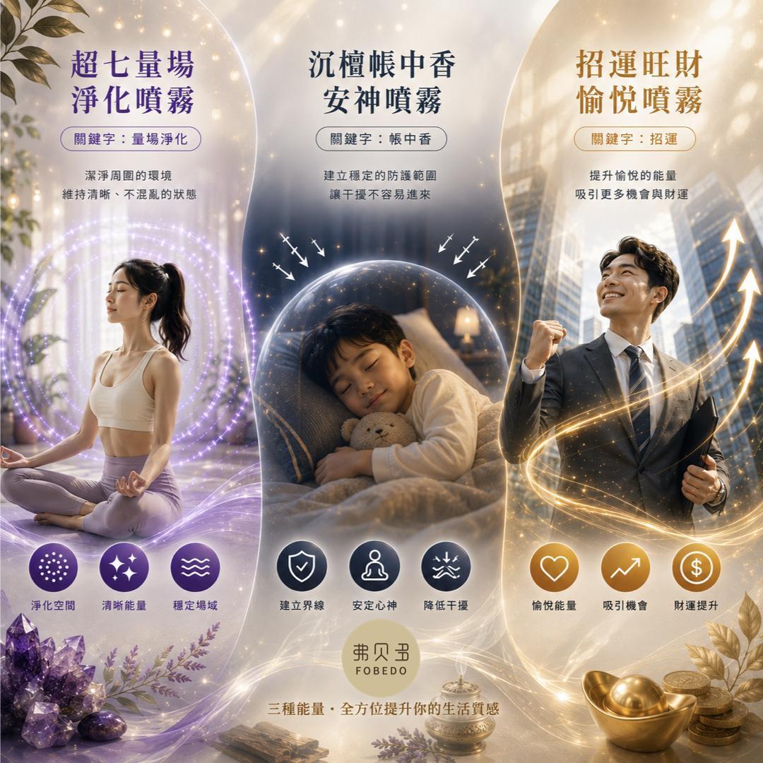 弗貝多超安運午時水噴霧功能對比：超七量場淨化維持清晰、沉檀帳中安神建立防護、招運旺財提升愉悅能量。