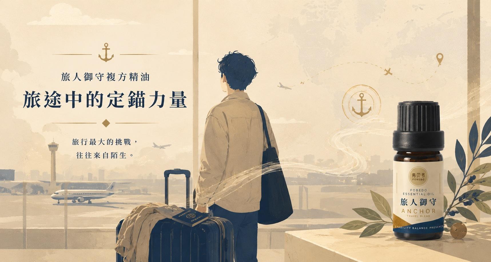 出國旅行前於機場候機的旅人，準備展開日本、韓國與泰國等海外旅程。旅人御守複方精油陪伴旅人在陌生環境中建立熟悉感與安定感，成為旅行平安與出國旅遊時的隨身香氛。