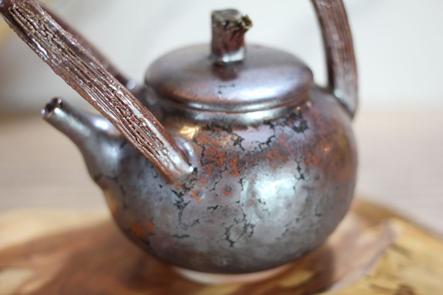 天目釉 柴燒木紋提樑茶壺-葉敏祥老師 