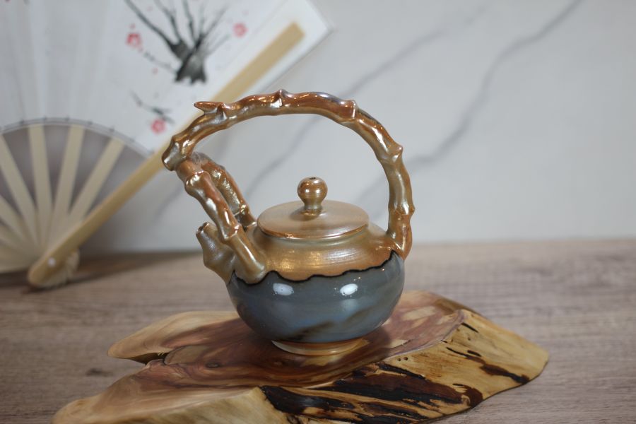 柴燒金銀彩 竹節提樑茶壺 -葉敏祥老師 