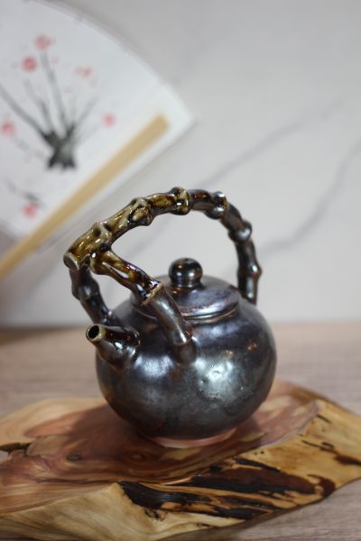 天目釉 柴燒竹節提樑茶壺-葉敏祥 