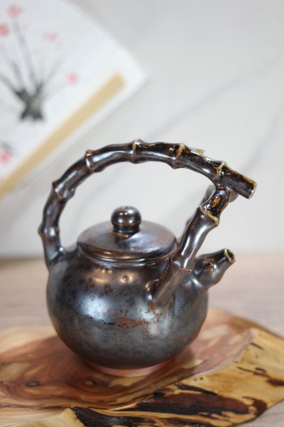 天目釉 柴燒竹節提樑茶壺-葉敏祥 