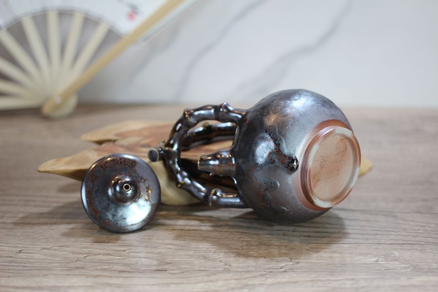 天目釉 柴燒竹節提樑茶壺-葉敏祥 