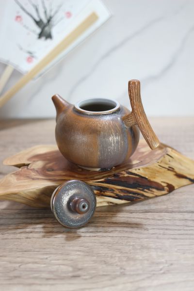 上釉 柴燒木紋把茶壺-葉敏祥老師 