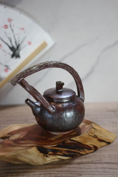 天目釉 柴燒木紋提樑茶壺-葉敏祥老師 