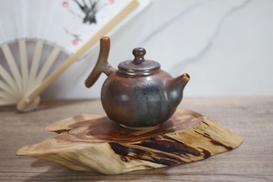 上釉 柴燒木紋把茶壺-葉敏祥老師 