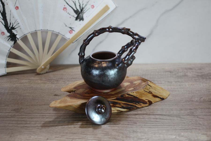 天目釉 柴燒竹節提樑茶壺-葉敏祥老師 