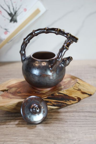 天目釉 柴燒竹節提樑茶壺-葉敏祥 