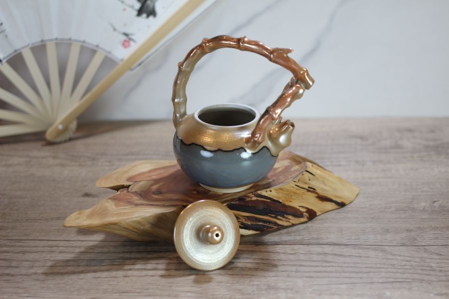 柴燒金銀彩 竹節提樑茶壺 -葉敏祥老師 